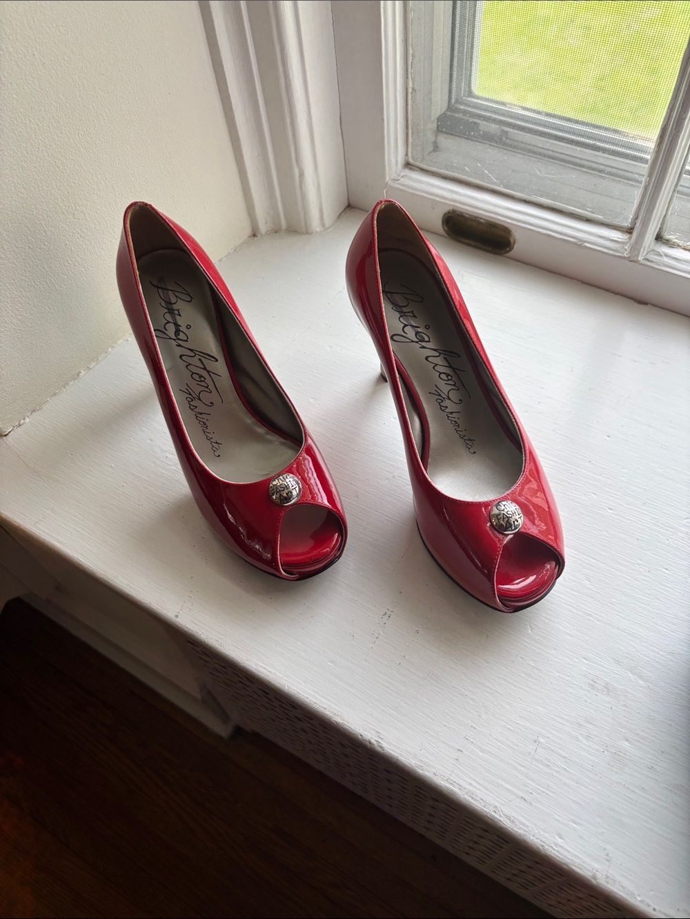 Brighton Red Patent Peep-Toe Heels with Decorative Button